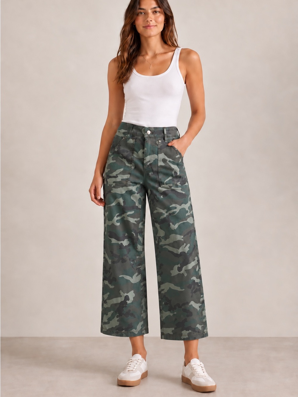 Flamingals Camo Wide Leg Utility Pants High Rise Patch Pocket